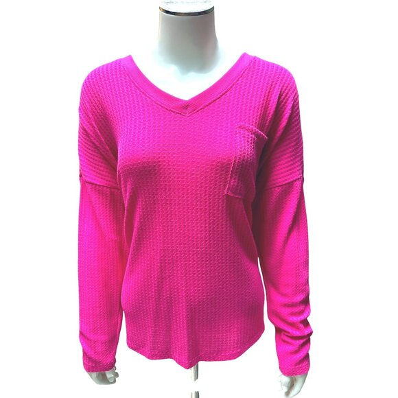 Calvin Klein Pink Waffle Knit Long Sleeve V Neck Lightweight Sweater Top Size M - Picture 1 of 9